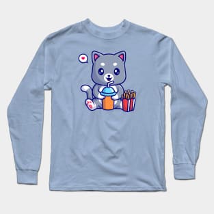 Cute Cat Drink Soda And Eating French Fries Cartoon Long Sleeve T-Shirt